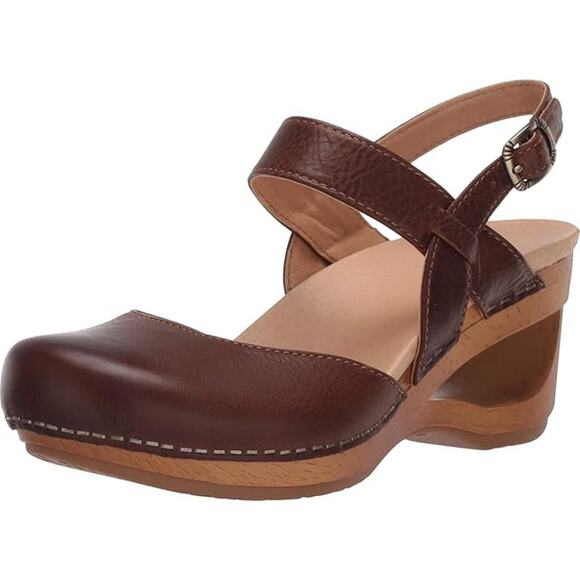 Dansko Taci Brown Leather Mary Jane Wedge Clogs EU 41 US 11 Cottage Boho Neutral - Picture 2 of 15